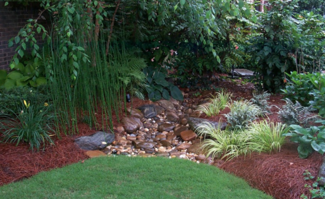 A serene garden featuring a small rock stream, surrounded by diverse plants, lush grasses, and a bed of mulch.