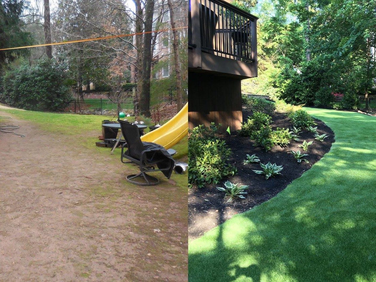 Before and after comparison of a backyard: the first image reveals a dirt path cluttered with chairs and hoses, while the second showcases a beautifully landscaped backyard garden adorned with lush grass, vibrant plants, and artfully placed rocks.