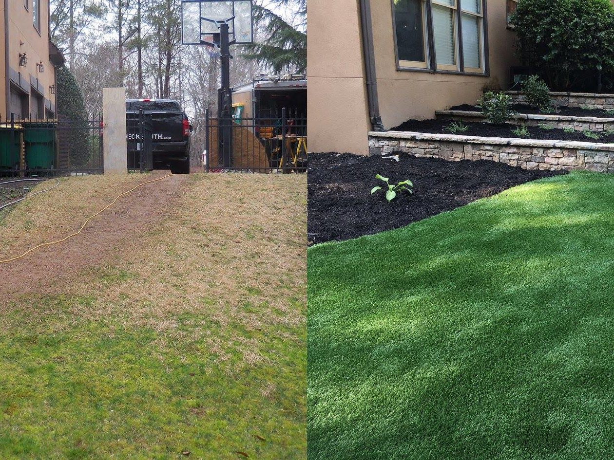 Before and after comparison of a backyard renovation: the left side reveals a dirt path and unkempt grass, while the right side showcases a transformed backyard with a manicured lawn, stone steps, and exquisite landscaping.