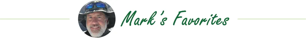 Banner with a circular photo of a man wearing a hat and sunglasses, next to the text "Mark's Favorite Plants" in green script. Banner with a circular photo of a man wearing a hat and sunglasses, next to the text "Mark's Favorite Plants" in green script.