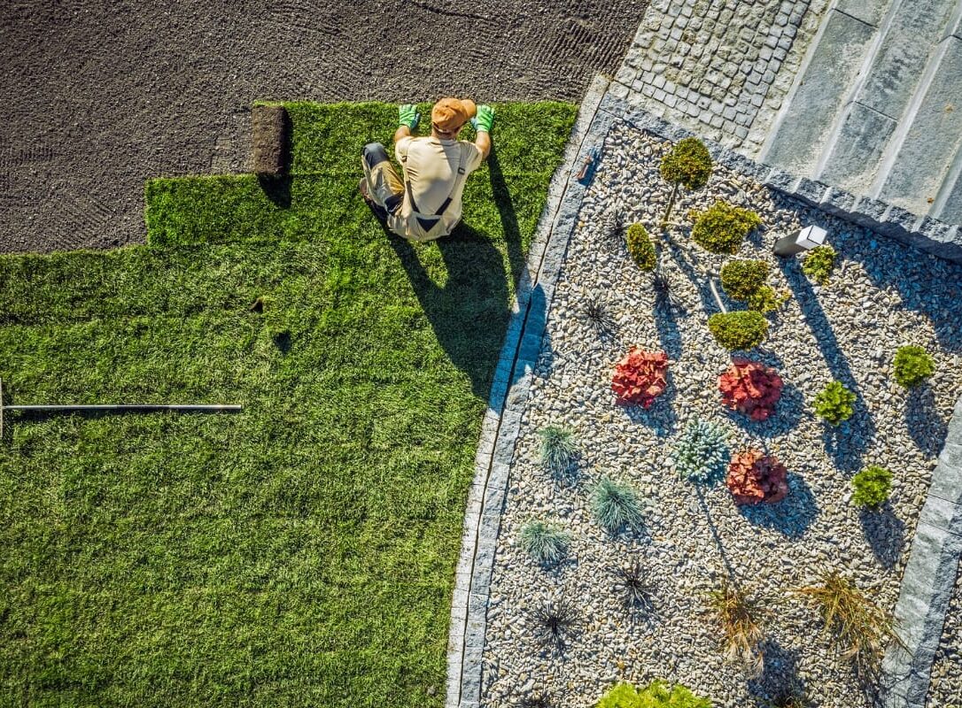 A person installs grass sod next to a landscaped stone area with small plants and decorative rocks, showcasing creative landscaping and design. A rake lies on the grass. A person installs grass sod next to a landscaped stone area with small plants and decorative rocks, showcasing creative landscaping and design. A rake lies on the grass.