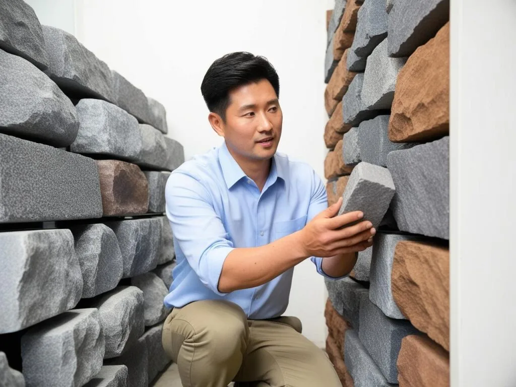 a man kneeling in front of a stack of stone
