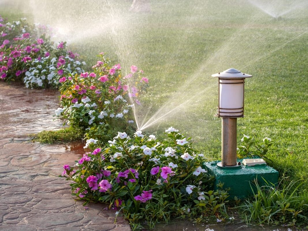 A garden sprinkler, inspired by how to design a sprinkler system, waters a lawn and pink and white flowers beside a stone path. A garden lamp is nearby, casting a gentle glow.