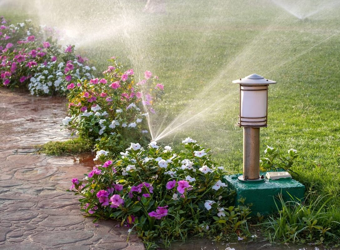 A garden sprinkler, inspired by how to design a sprinkler system, waters a lawn and pink and white flowers beside a stone path. A garden lamp is nearby, casting a gentle glow. A garden sprinkler, inspired by how to design a sprinkler system, waters a lawn and pink and white flowers beside a stone path. A garden lamp is nearby, casting a gentle glow.