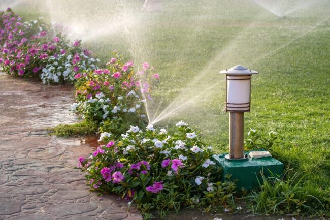 A garden sprinkler, inspired by how to design a sprinkler system, waters a lawn and pink and white flowers beside a stone path. A garden lamp is nearby, casting a gentle glow.