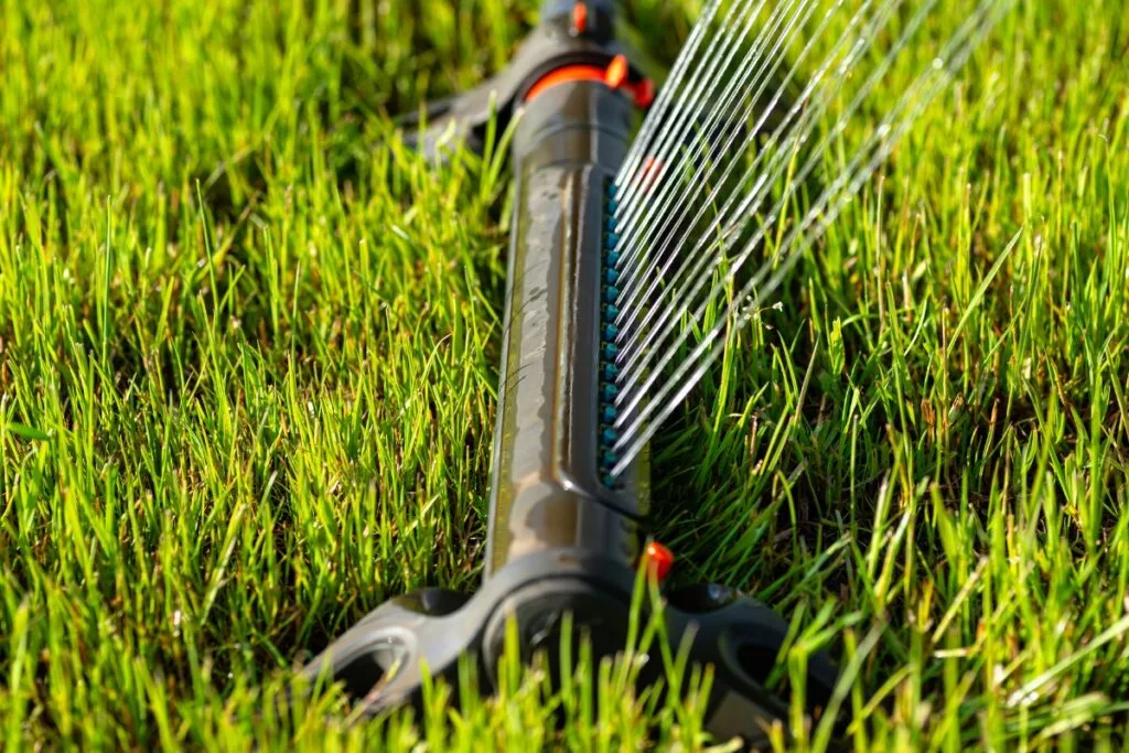 A lawn sprinkler, reminiscent of the techniques in "How to Design a Sprinkler System," waters bright green grass with multiple streams, ensuring even coverage.