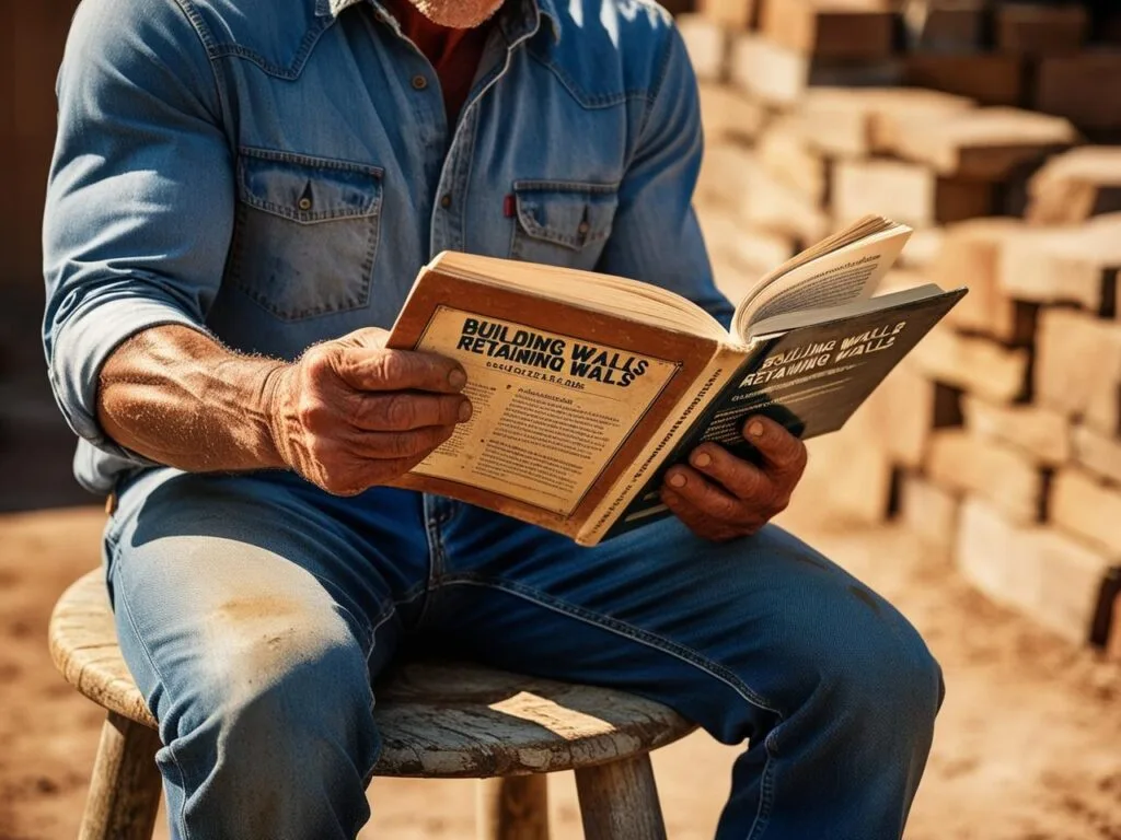 A person in a denim shirt reads "Building Walls Retaining Walls" on how to build a retaining wall, while seated on a stool outdoors near stacked bricks.