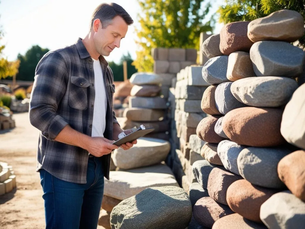 A person wearing a plaid shirt holds a clipboard, thoughtfully assessing the stacked stones that hint at how to build a retaining wall on this sunlit afternoon.