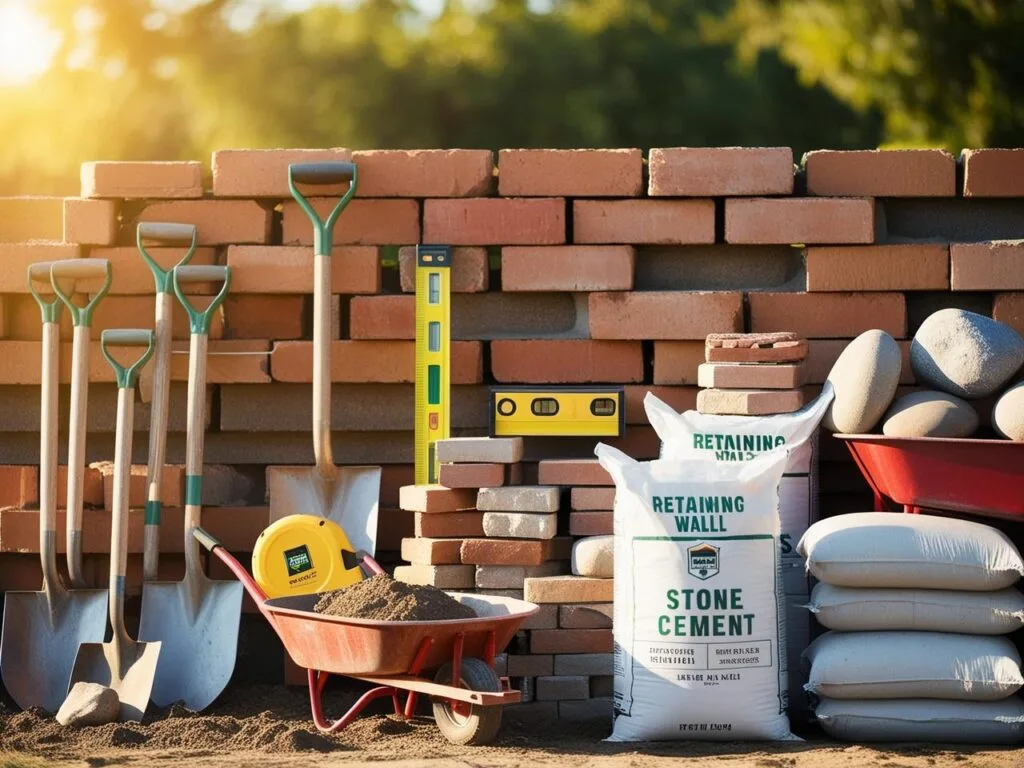 Construction tools and materials, ideal for how to build a retaining wall, such as shovels, a wheelbarrow, bricks, bags of cement, and a level, are arranged in front of a brick wall under sunlight.