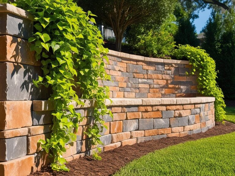 Curved stone retaining wall with cascading green vines, surrounded by mulch and neatly trimmed grass, beautifully enhances this outdoor space in a landscaped garden.