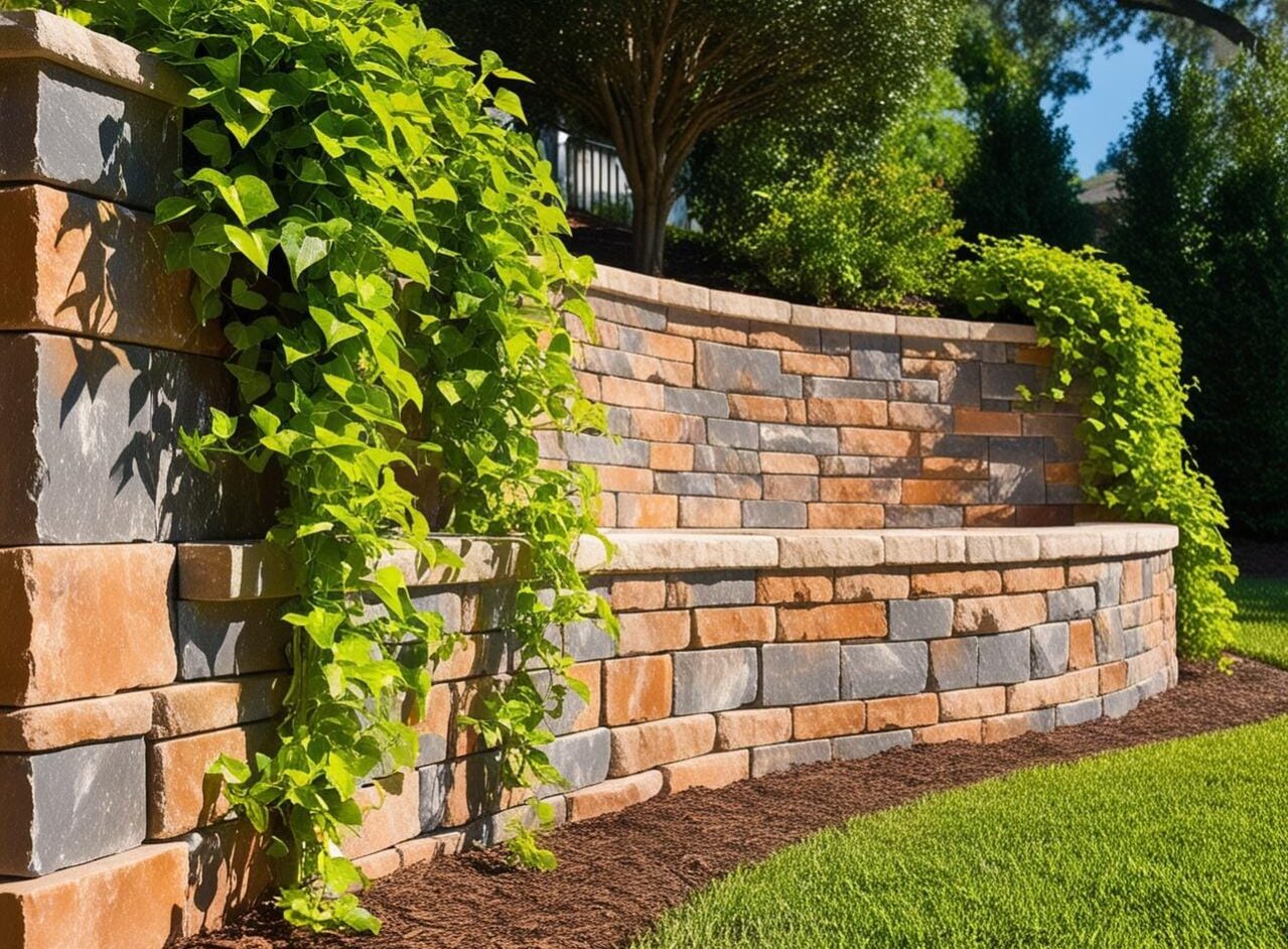 A tiered stone wall graces the garden, its cascading green vines and neatly trimmed grass showcasing the artistry of how to build a retaining wall. A tiered stone wall graces the garden, its cascading green vines and neatly trimmed grass showcasing the artistry of how to build a retaining wall.