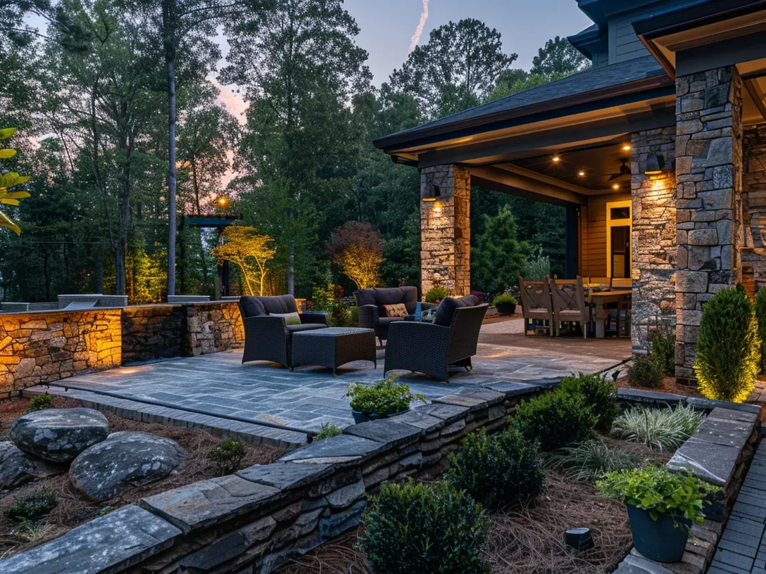 a stunning outdoor space features elegantly designed custom hardscaping elements, showcasing rich textures and harmonious colors that invite relaxation and enhance the natural beauty of cobb county.