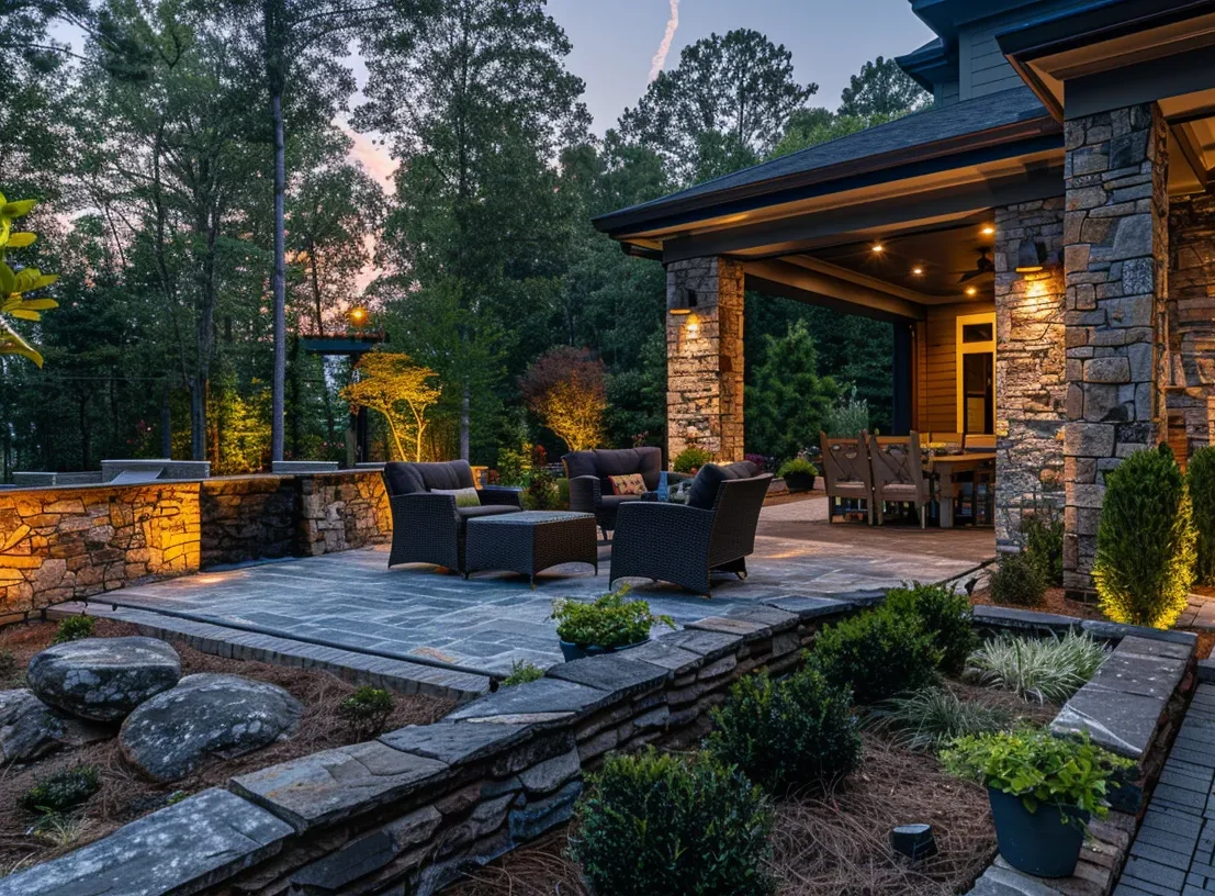 a stunning outdoor space features elegantly designed custom hardscaping elements, showcasing rich textures and harmonious colors that invite relaxation and enhance the natural beauty of cobb county.