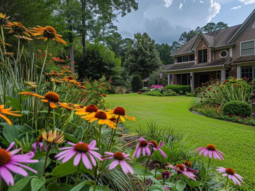 A well-maintained suburban Georgia yard featuring native plants like coneflowers, black-eyed Susans, and ornamental grasses  • Optional: Include a home with Southern architecture in the background to localize it