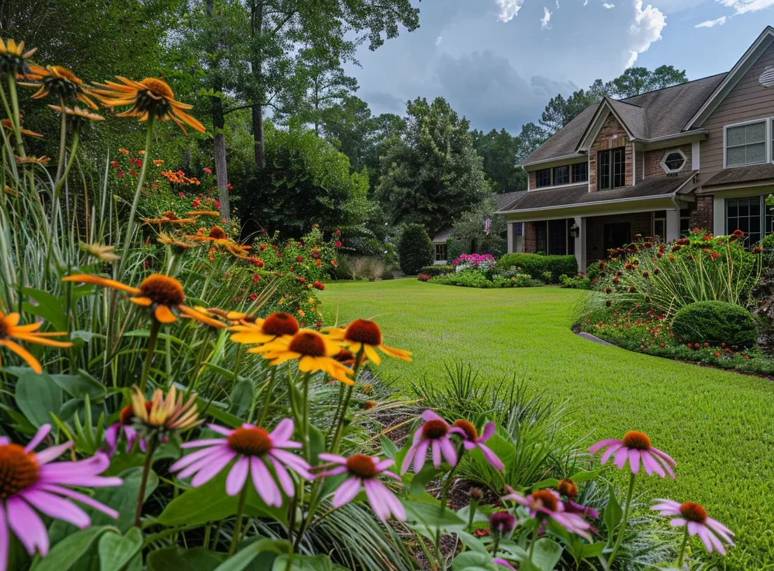 A house with a large front yard features a vibrant garden of orange and purple flowers, surrounded by green grass and trees under a partly cloudy sky. A well-maintained suburban Georgia yard featuring native plants like coneflowers, black-eyed Susans, and ornamental grasses • Optional: Include a home with Southern architecture in the background to localize it