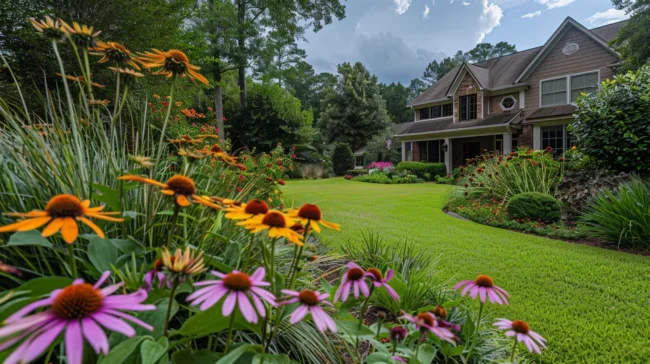 A well-maintained suburban Georgia yard featuring native plants like coneflowers, black-eyed Susans, and ornamental grasses  • Optional: Include a home with Southern architecture in the background to localize it