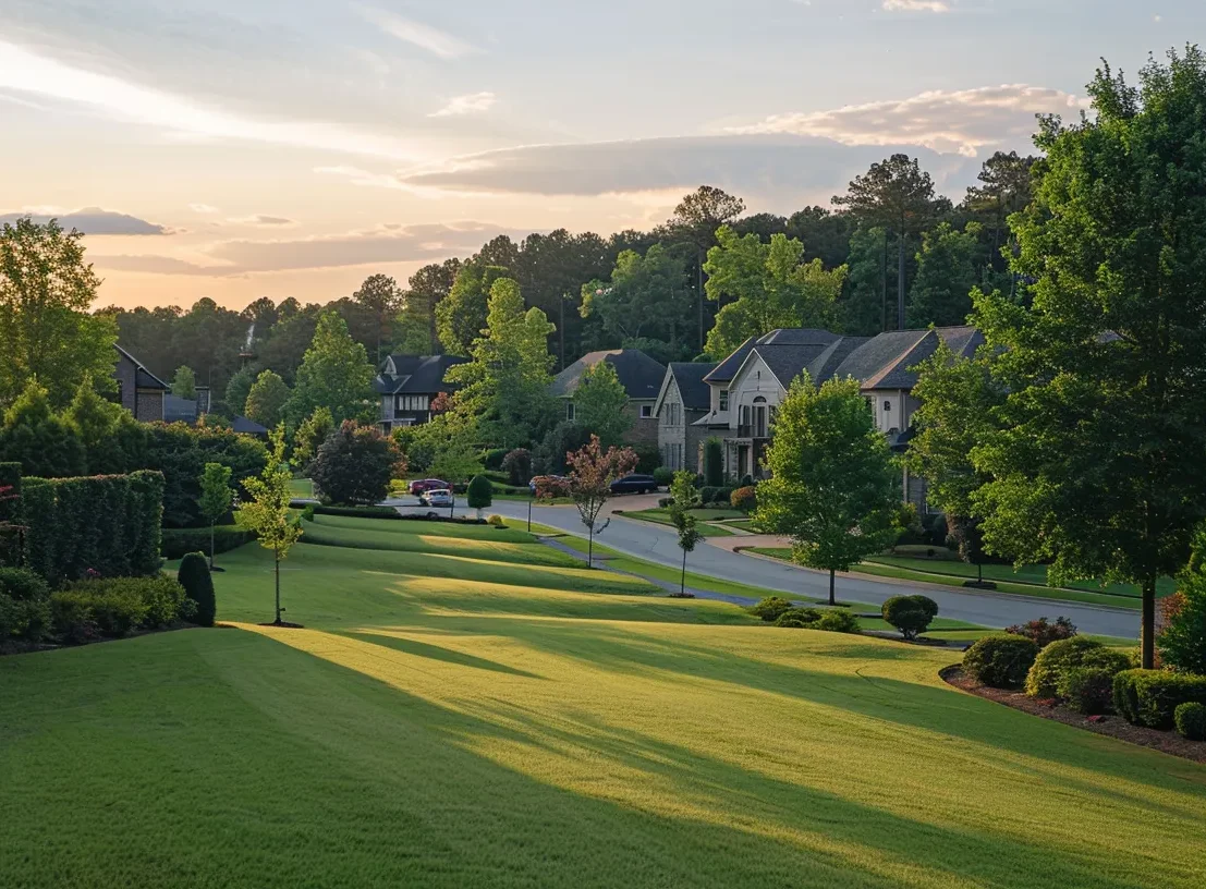 Suburban neighborhood at sunset with neatly mowed lawns, lined with trees and houses, under a partly cloudy sky. Spring Lawn Maintenance for North Fulton: A Homeowner’s Guide