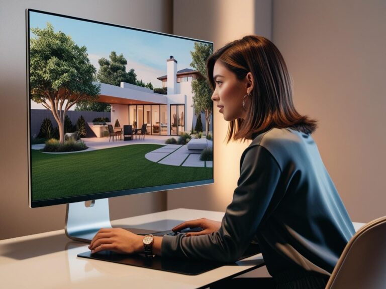 A woman sits at a desk in Georgia, using her computer to view a 3D landscape design featuring a modern house and an impressive backyard transformation displayed on the monitor.