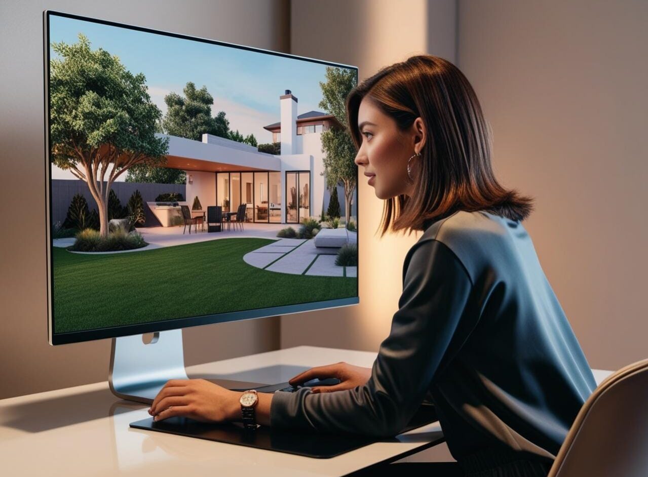 A woman sits at a desk, admiring the 3D landscape design of a modern house on a large computer monitor. The image showcases a flat roof, outdoor patio, and manicured lawn with trees. A woman sits at a desk, admiring the 3D landscape design of a modern house on a large computer monitor. The image showcases a flat roof, outdoor patio, and manicured lawn with trees.