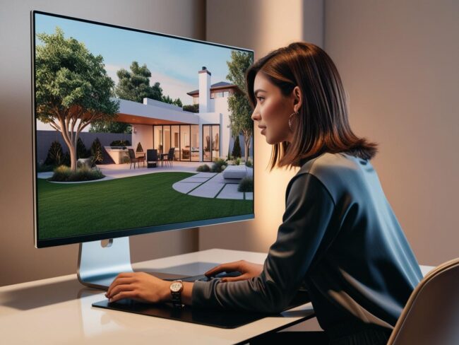 A woman sits at a desk, admiring the 3D landscape design of a modern house on a large computer monitor. The image showcases a flat roof, outdoor patio, and manicured lawn with trees.