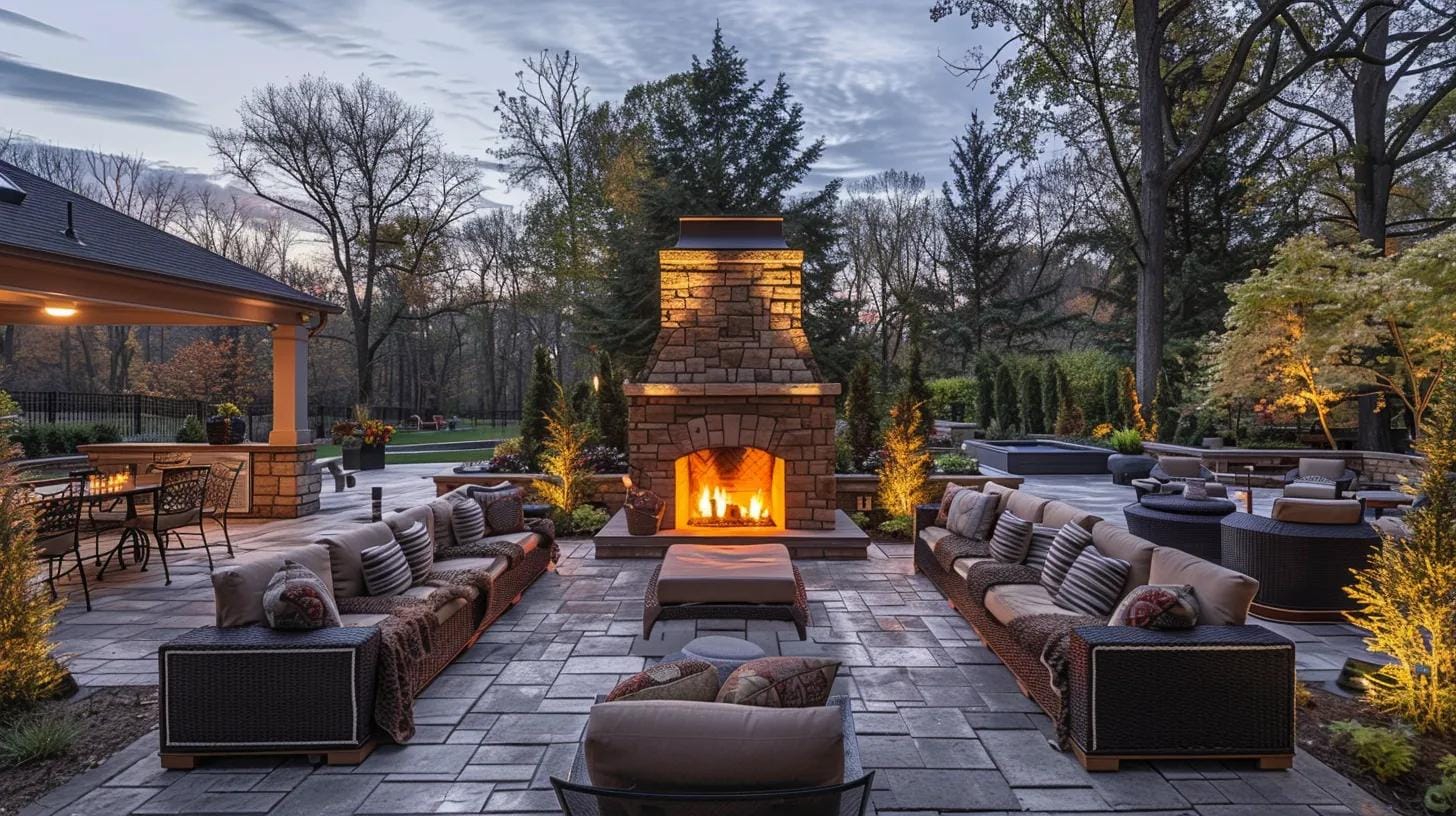 a cozy backyard scene at dusk features a beautifully designed outdoor fireplace glowing warmly, surrounded by inviting seating, showcasing a perfect year-round gathering space in a sophisticated suburban setting.