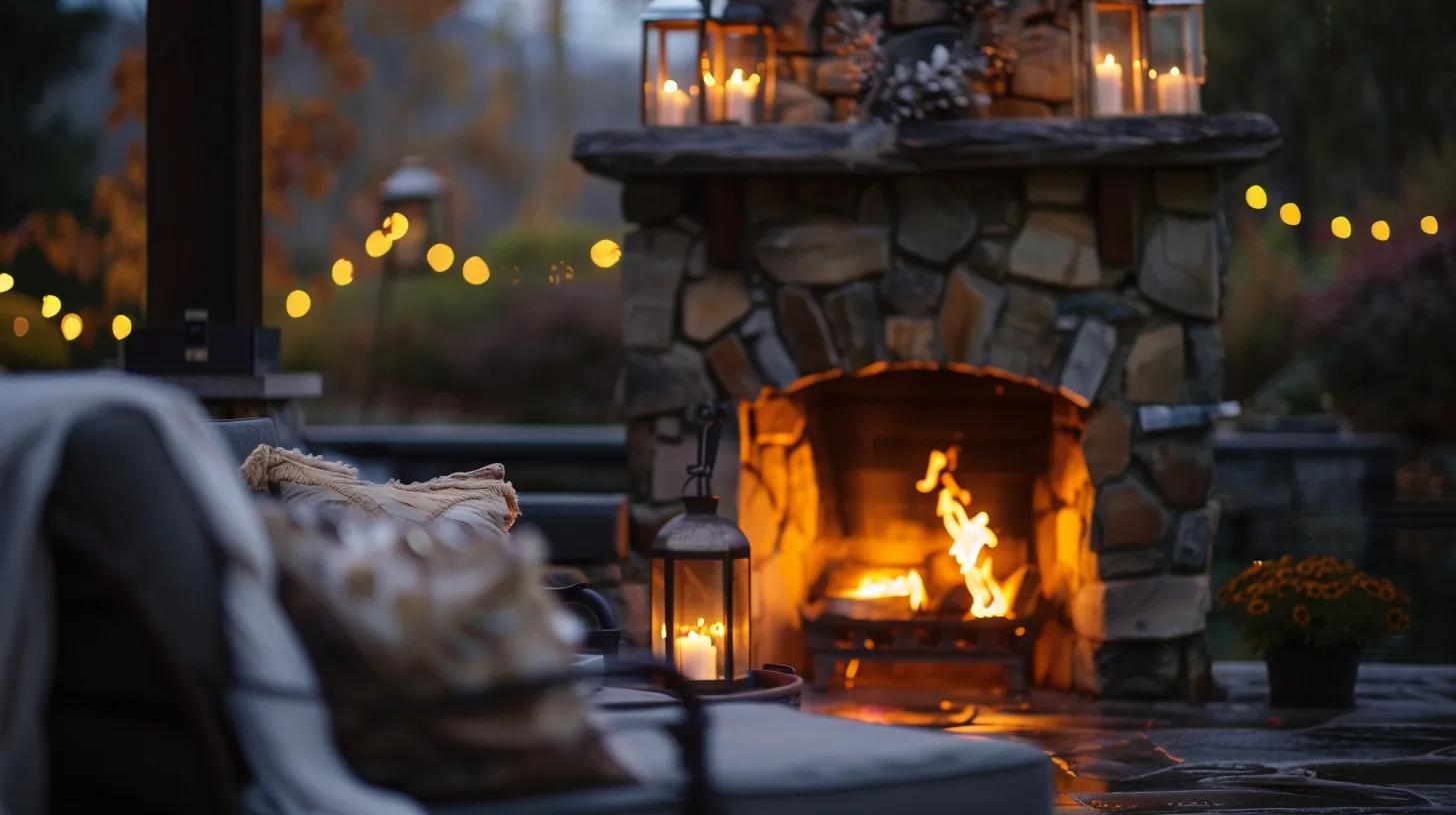 a cozy outdoor fireplace with crackling flames and inviting seating creates a warm, intimate atmosphere, perfect for fostering relaxation and emotional well-being on a serene evening.