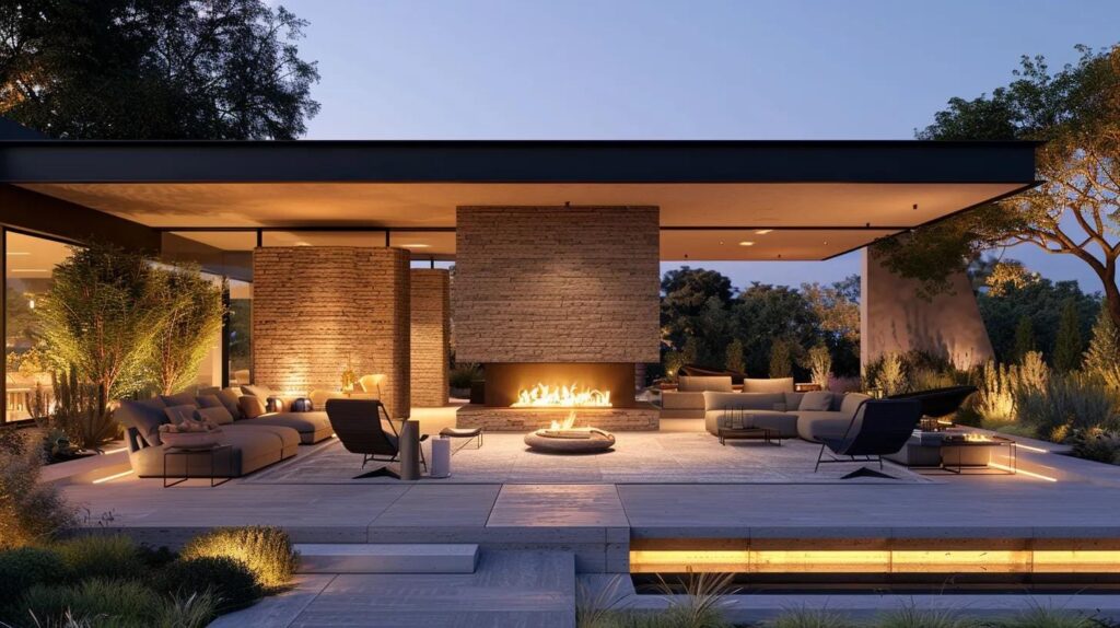 Modern outdoor patio with sectional sofas, lounge chairs, and a central fireplace, surrounded by greenery and softly lit at dusk.