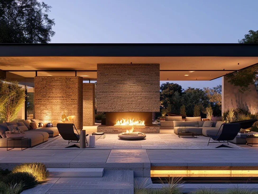 a modern outdoor living space featuring a sleek, contemporary fireplace surrounded by stylish lounge furniture, illuminated by warm ambient lighting during a cozy evening gathering.
