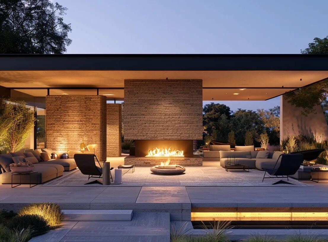 Modern outdoor patio with a central fireplace, cushioned seating, ambient lighting, and surrounding greenery in the evening. a modern outdoor living space featuring a sleek, contemporary fireplace surrounded by stylish lounge furniture, illuminated by warm ambient lighting during a cozy evening gathering.
