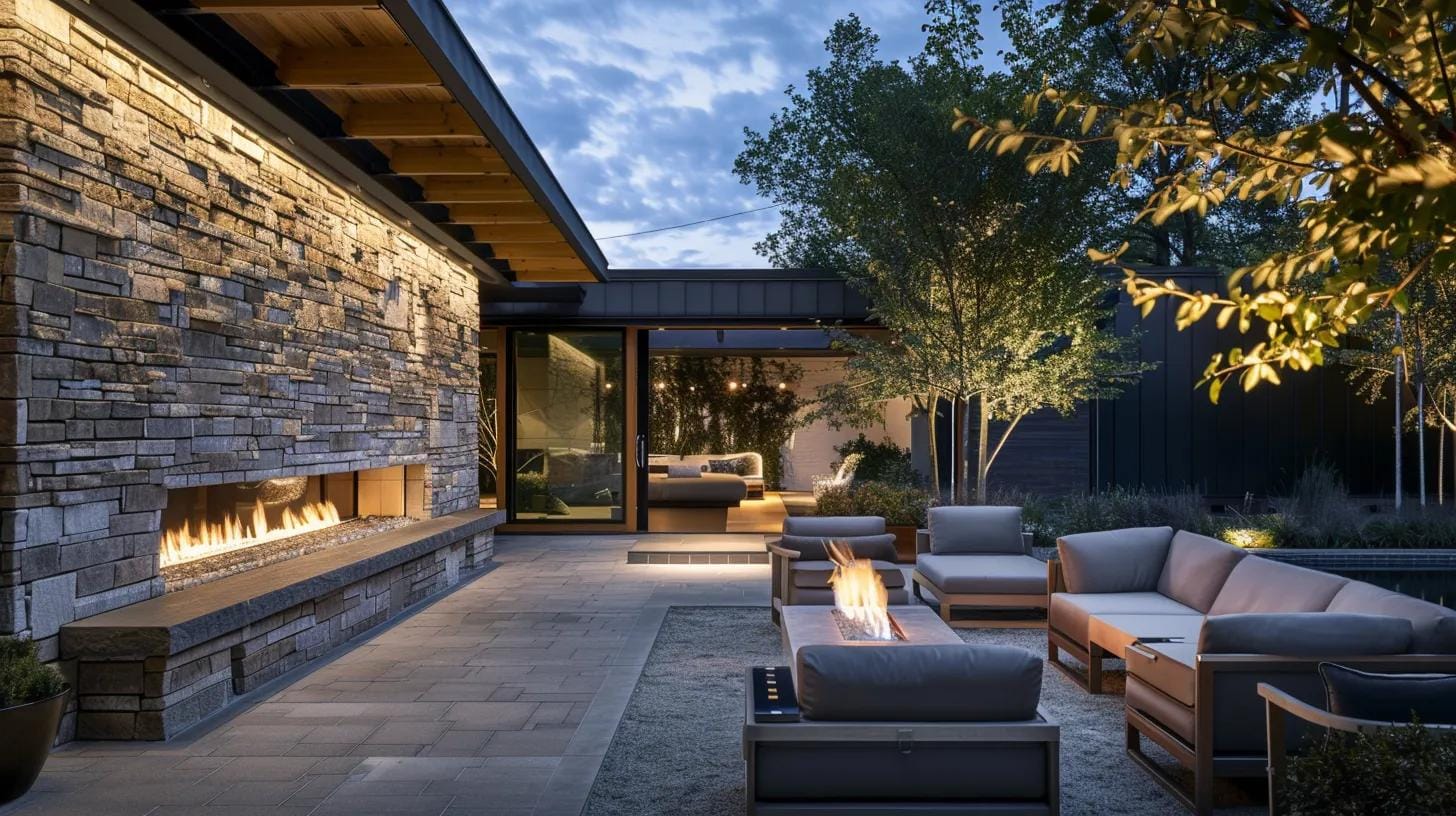 a sleek, modern outdoor fireplace crafted from elegant stone and brick stands prominently in a stylish patio setting, warmly illuminating a cozy gathering space designed for relaxation and entertainment during evening hours.
