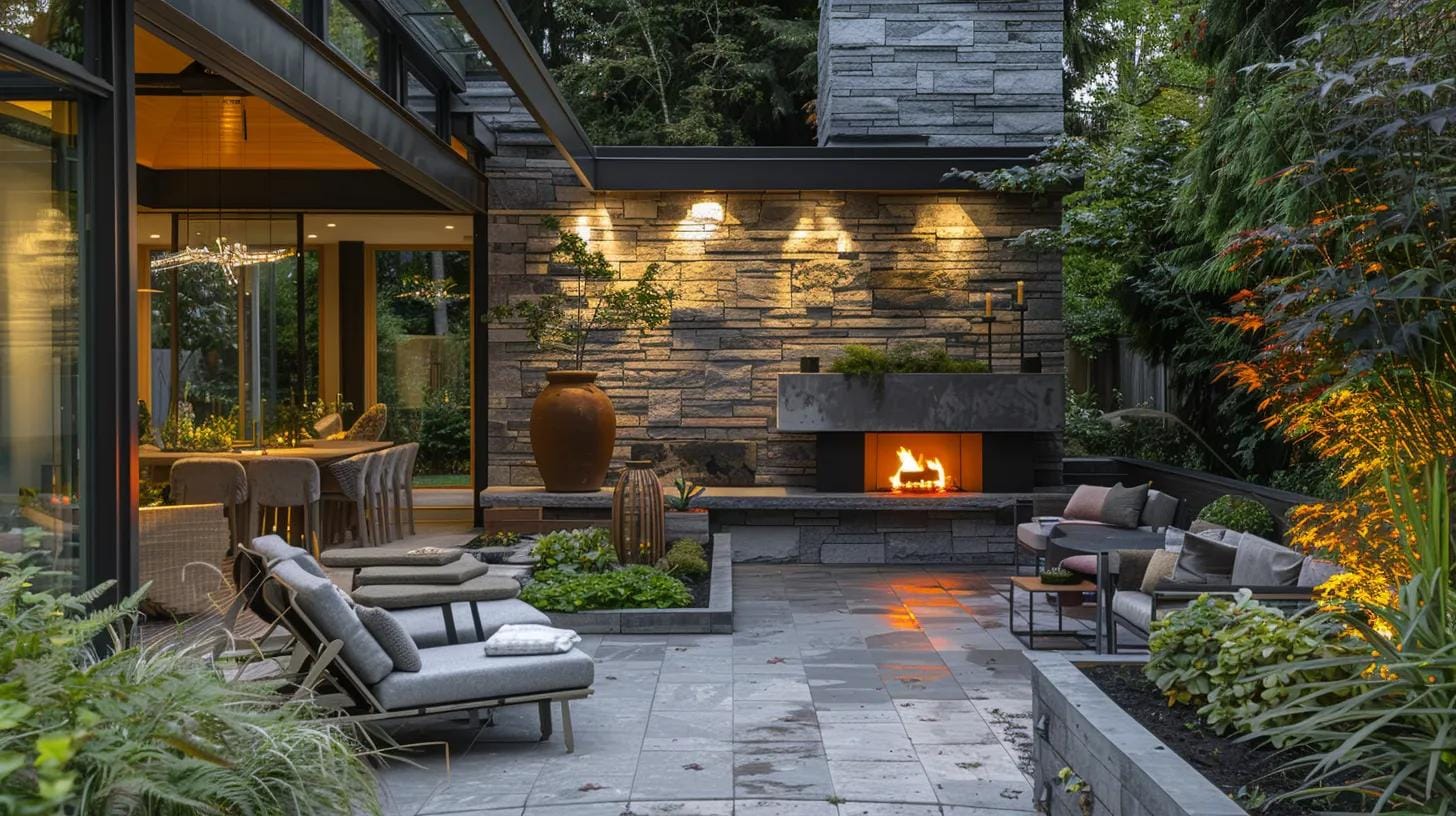 a striking outdoor setting showcases a contemporary fireplace, elegantly designed as a focal point, illuminating the space with soft, warm light while complementing the stylish landscape architecture around it.