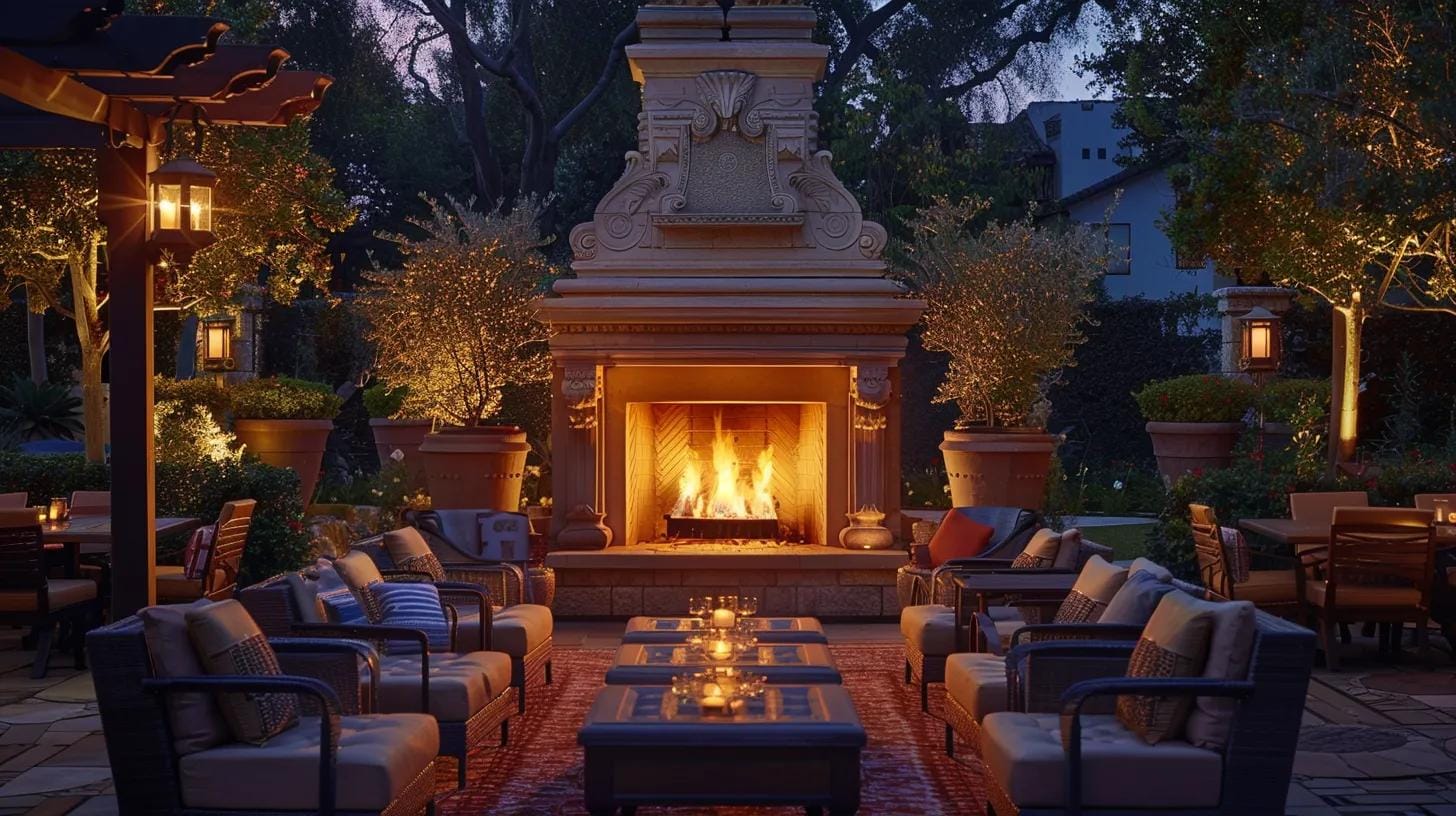 a warmly lit outdoor fireplace, surrounded by stylish seating and elegantly arranged decor, serves as the focal point of a vibrant evening gathering, casting a cozy glow over friends enjoying lively conversations and gourmet dishes.