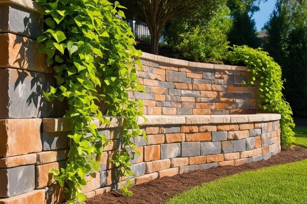A stone retaining wall with trailing green vines enhances the landscaped garden, showcasing how retaining walls can beautifully complement neatly manicured grass and shrubs.