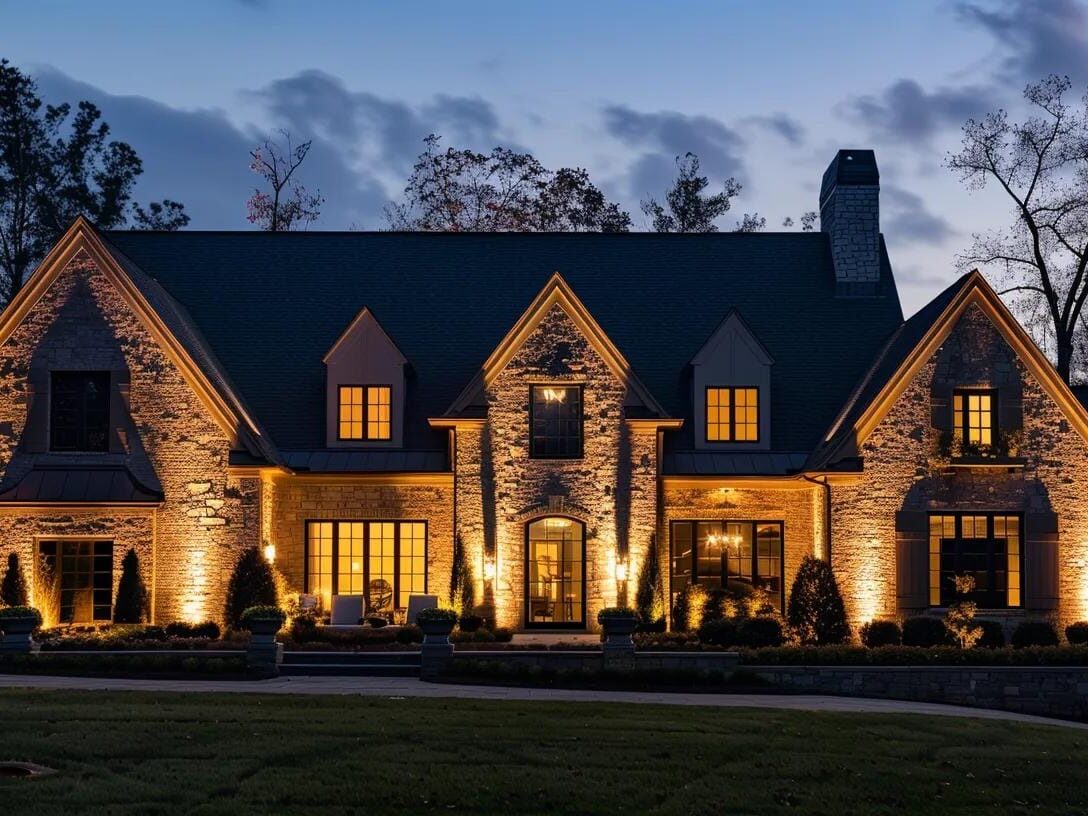 a beautifully illuminated georgia home exudes warmth and charm in the evening, showcasing meticulously chosen outdoor lighting fixtures that enhance its architectural features against a sophisticated urban backdrop.