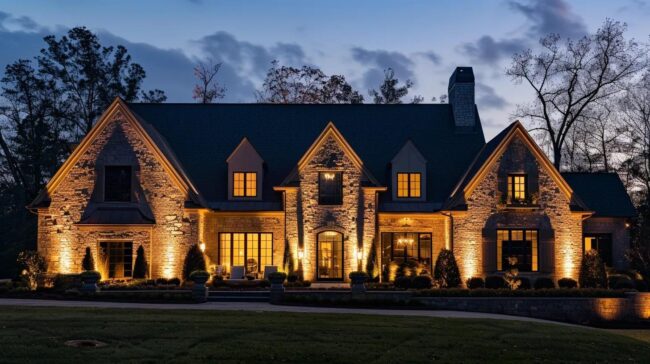 a beautifully illuminated georgia home exudes warmth and charm in the evening, showcasing meticulously chosen outdoor lighting fixtures that enhance its architectural features against a sophisticated urban backdrop.