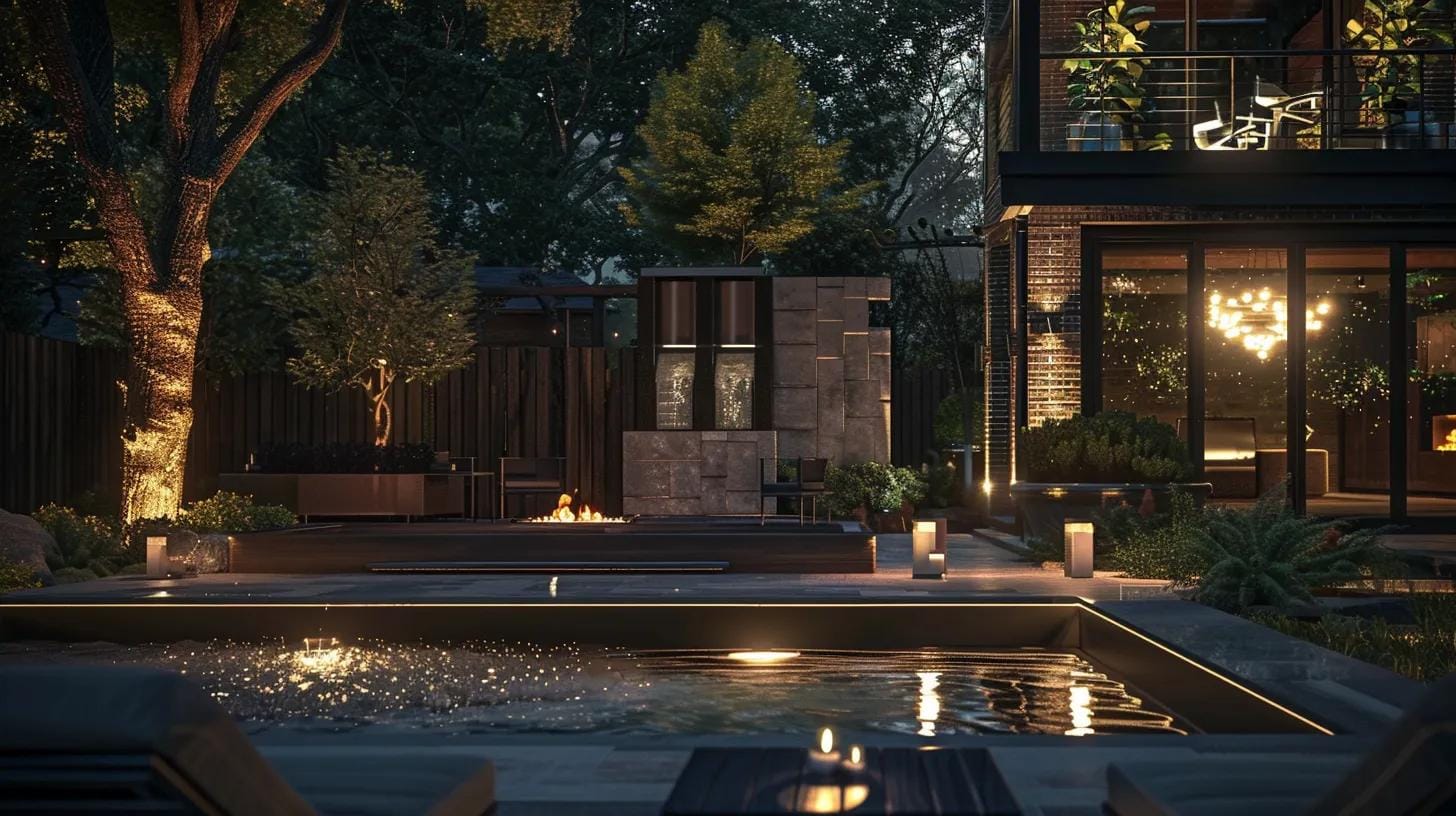 a contemporary outdoor lighting display in a stylish georgia backyard, showcasing a blend of durable fixtures designed to withstand humidity and rain, against a backdrop of urban architecture that highlights the balance between aesthetics and functionality.