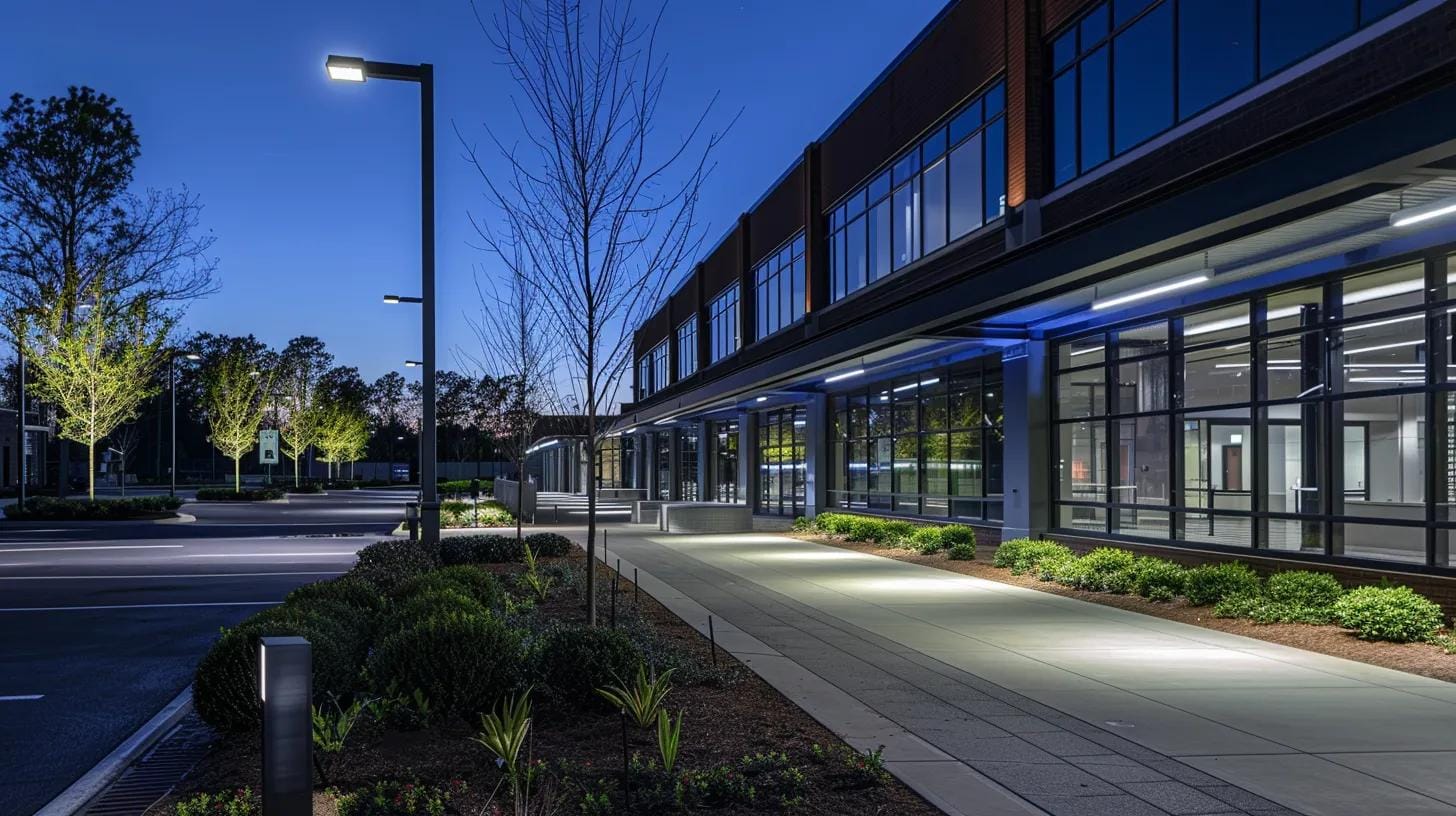 a modern outdoor lighting installation on a commercial property in georgia showcases sleek, energy-efficient fixtures illuminating the space, emphasizing the balance between aesthetic appeal and long-term energy savings in a contemporary urban setting.