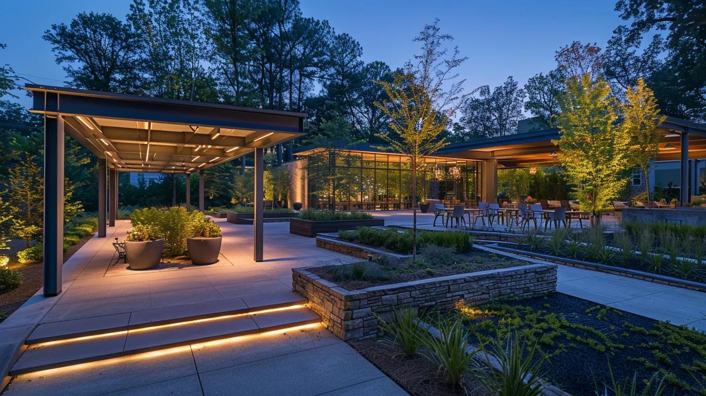 a sleek, modern outdoor space in georgia illuminated by professionally installed lighting fixtures that enhance architectural features and provide safety, set against a twilight backdrop showcasing the seamless blend of aesthetics and functionality.
