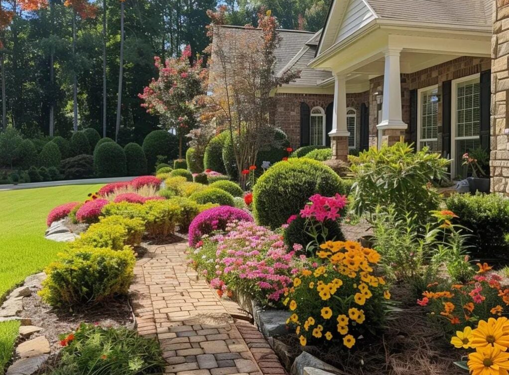 A brick walkway lined with colorful flowers and manicured shrubs leads to the entrance of a suburban house with a well-kept lawn and garden. Vibrant front yard landscape design in North Georgia showcasing colorful flowers and inviting pathways