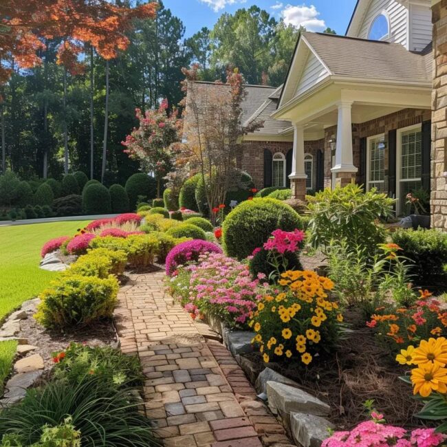 Vibrant front yard landscape design in North Georgia showcasing colorful flowers and inviting pathways