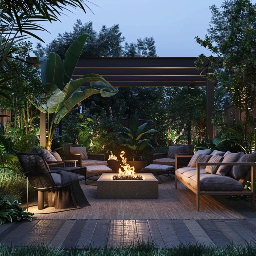 Cozy outdoor living space with a stylish patio, fire pit, and lush greenery enhancing property value