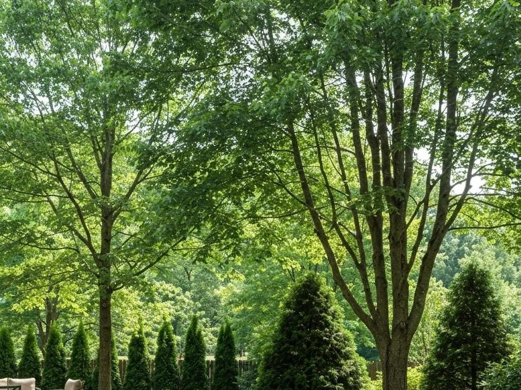 Lush backyard in Atlanta featuring shade and privacy trees, enhancing outdoor comfort