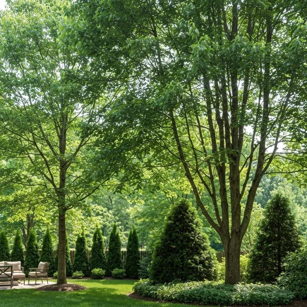 A landscaped backyard with tall trees, evergreen shrubs, and outdoor patio seating on a well-maintained lawn on a sunny day.