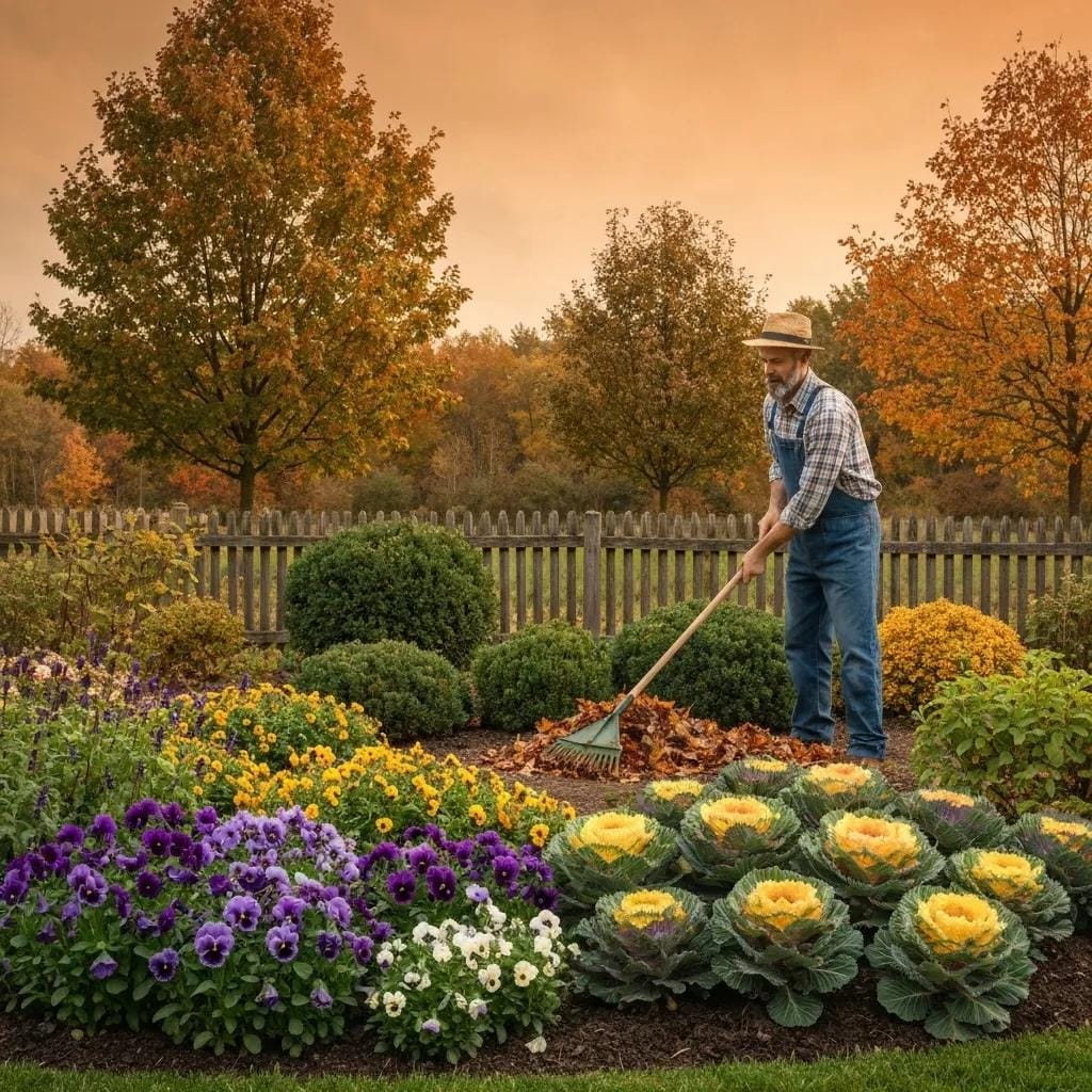 A colorful fall garden featuring seasonal plants, demonstrating best practices for garden maintenance in Cobb County