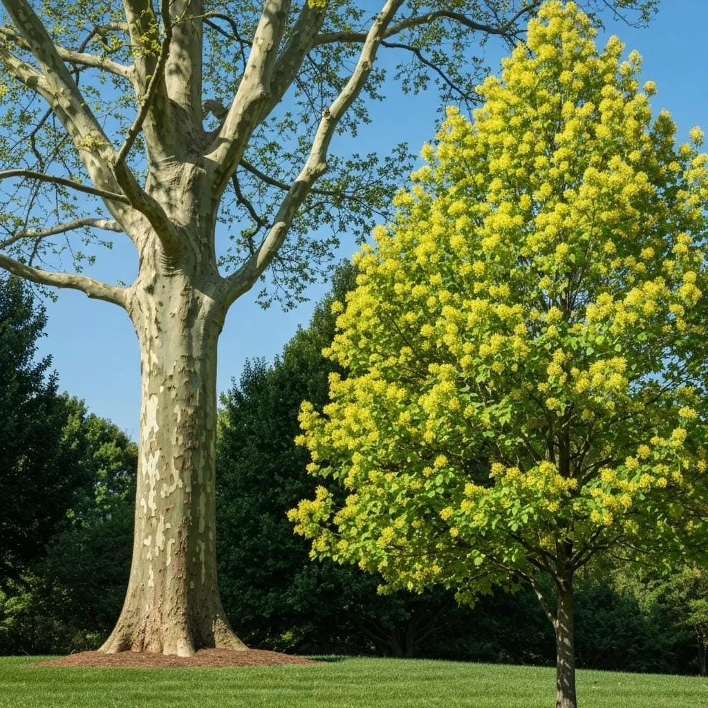 American Sycamore and Tulip Poplar trees thriving in an Atlanta landscape, showcasing their rapid growth and distinctive features