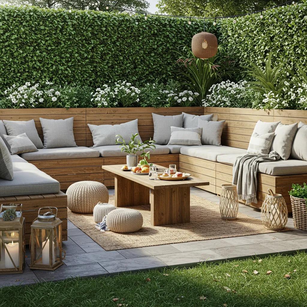A comfortable outdoor seating area featuring integrated benches and plush cushions