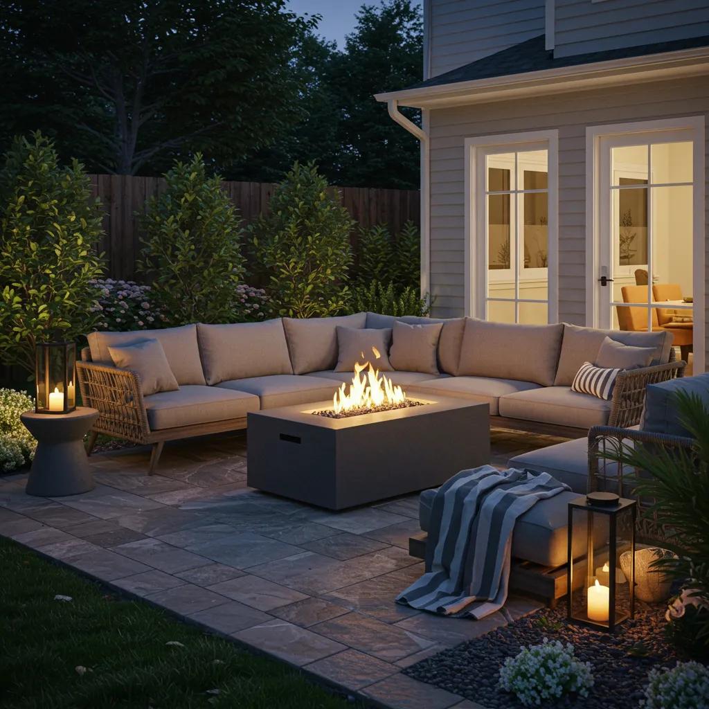 A modern patio with a sectional sofa, fire pit table, side table, lanterns, and candles, set on stone pavers next to a house at dusk.