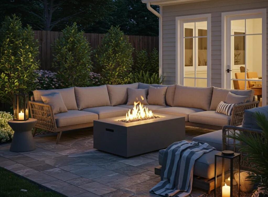 Outdoor patio with wicker sectional sofa, fire pit table, candles, and blankets, set on stone tiles beside a house at dusk with garden and trees in the background. Cozy outdoor living space with fire pit and comfortable seating