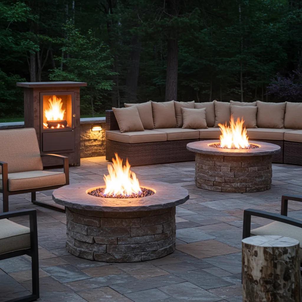 A collection of diverse fire feature designs set within a cozy outdoor environment