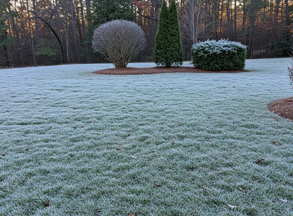 A grassy lawn covered with frost in the morning, with several shrubs and pine trees in the background. Winter lawn care in Georgia with frost-covered grass and evergreen plants